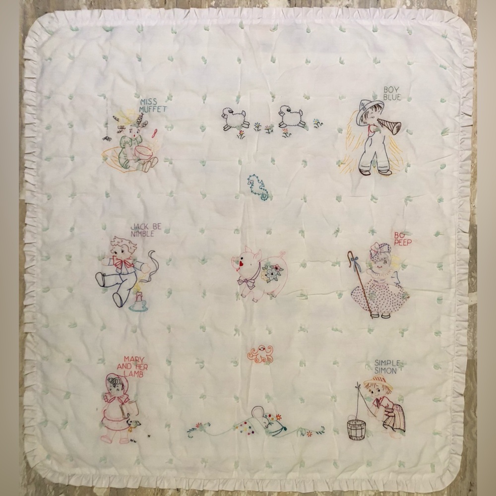 Beautiful Handmade Embroidered Nursery Rhyme Baby Blanket / Quilt.